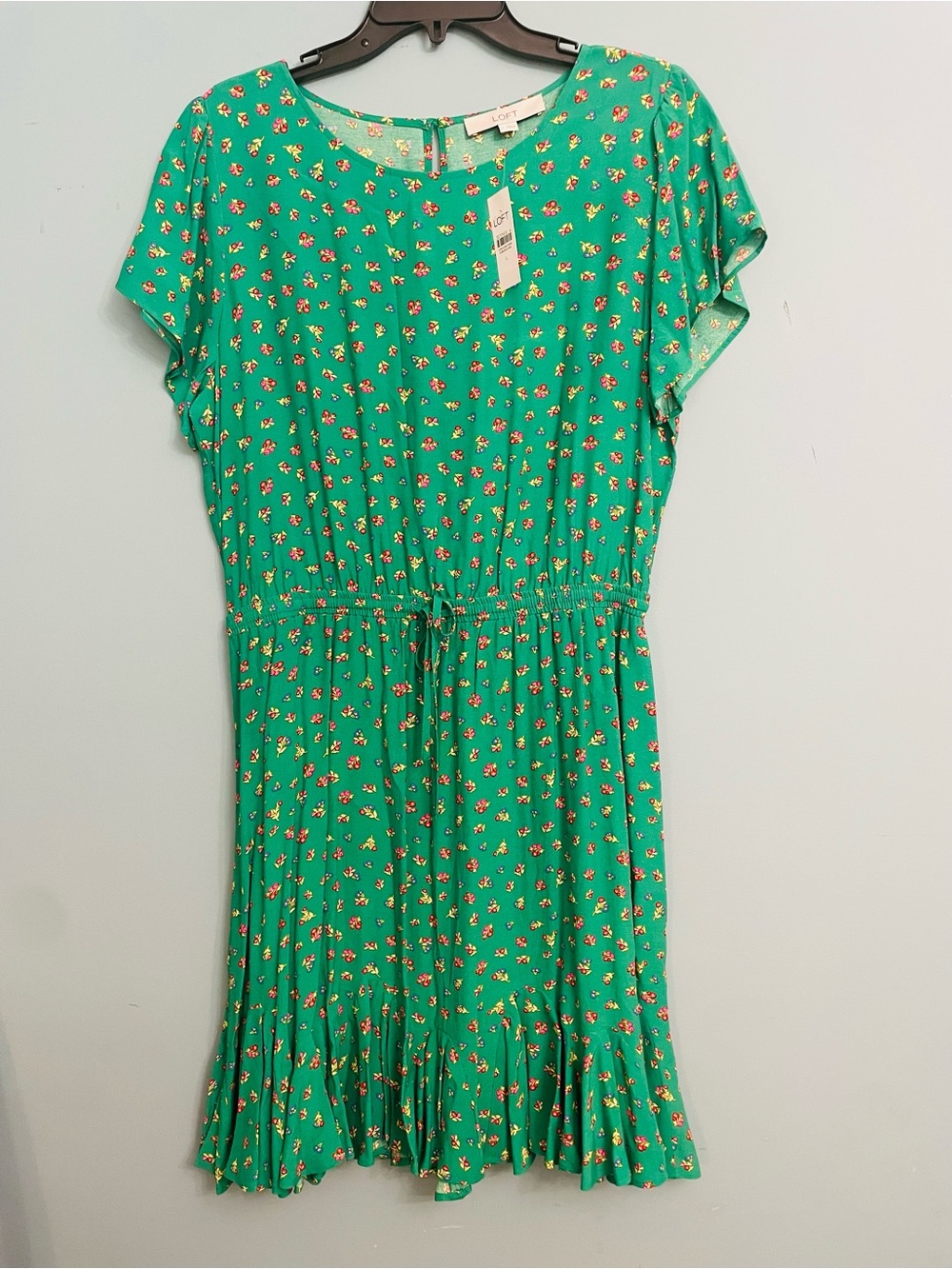 LOFT Green Floral Tie-Front Short Sleeve Midi Dress
